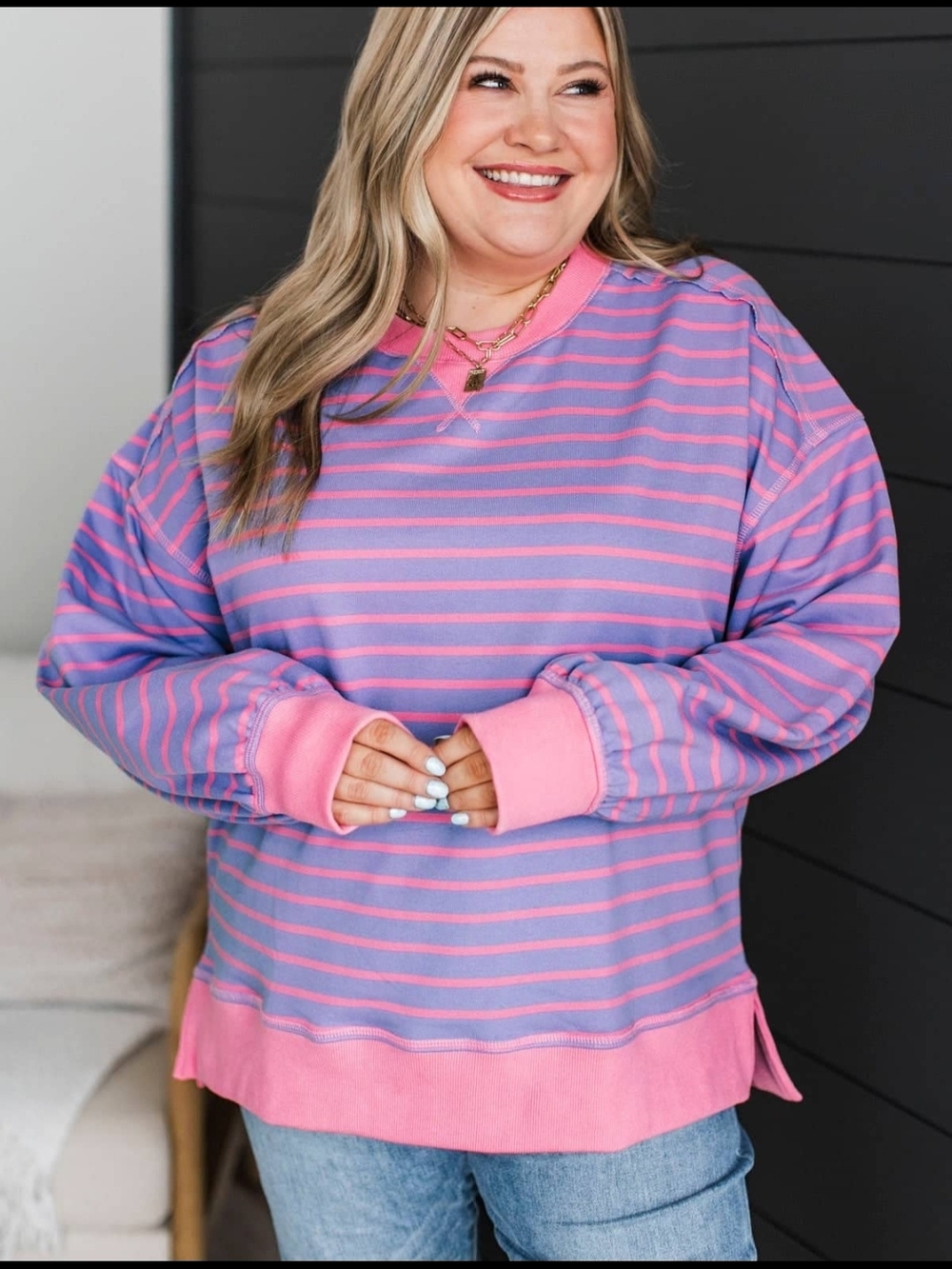 Women's Oversized Striped Top In Lavender And Pink - Picture 2 of 12